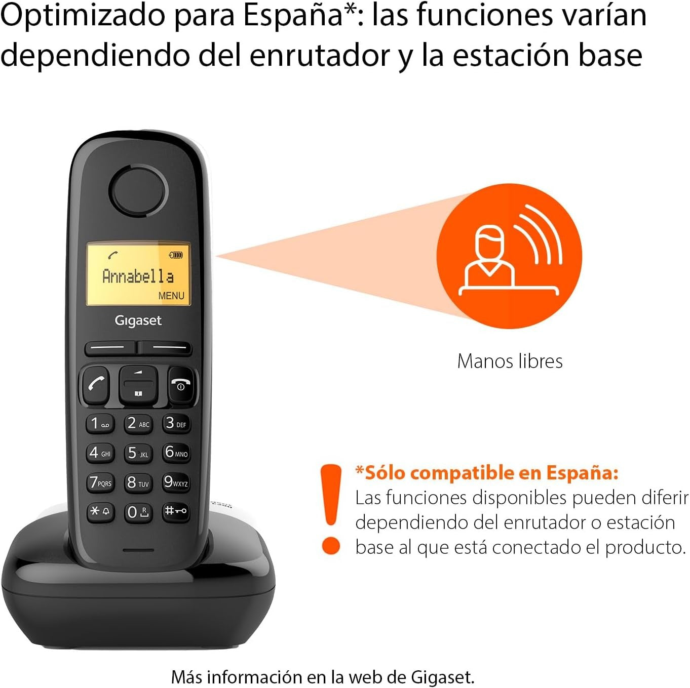 Gigaset A270 - Teléfono fijo inalámbrico para casa manos libres, gran pantalla iluminada, agenda 80 contactos, color negro ref. 126913