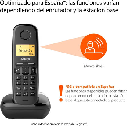 Gigaset A270 - Teléfono fijo inalámbrico para casa manos libres, gran pantalla iluminada, agenda 80 contactos, color negro ref. 126913