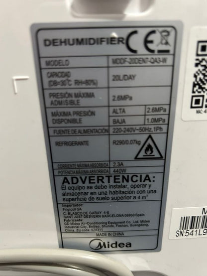 MIDEA Deshumidificador Silencioso 20L para Humedad